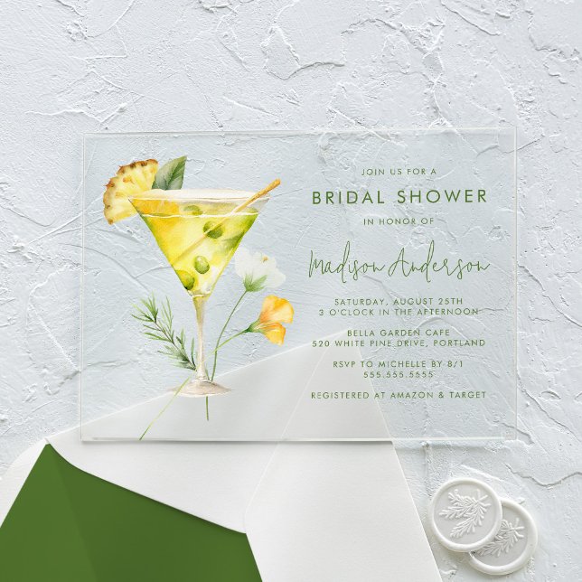 Tropical Pineapple Martini Cocktail Bridal Shower Acrylic Invitations (Creator Uploaded)