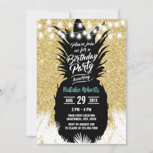 Tropical Pineapple Modern Gold Glitter Birthday Invitation