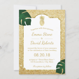 Tropical Pineapple Modern Gold Glitter Wedding Invitation