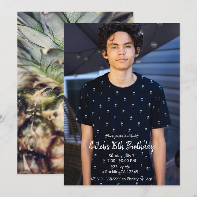 Tropical Pineapple Modern Photo Birthday Party  Invitation (Front/Back)