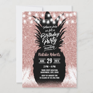 Tropical Pineapple Modern Rose Gold Birthday Invitation