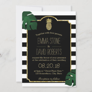 Tropical Pineapple Modern Stripes Hawaiian Wedding Invitation