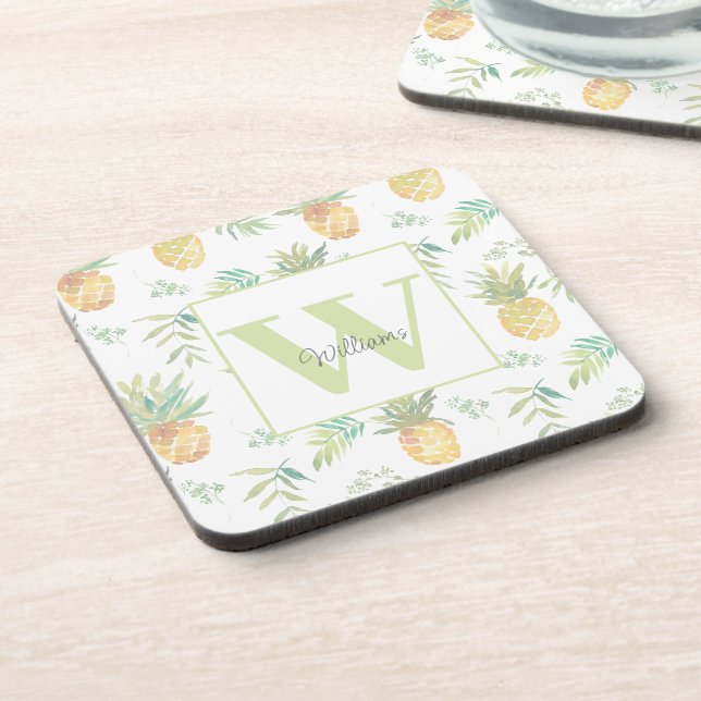 Tropical Pineapple Monogram Beverage Coaster (Left Side)