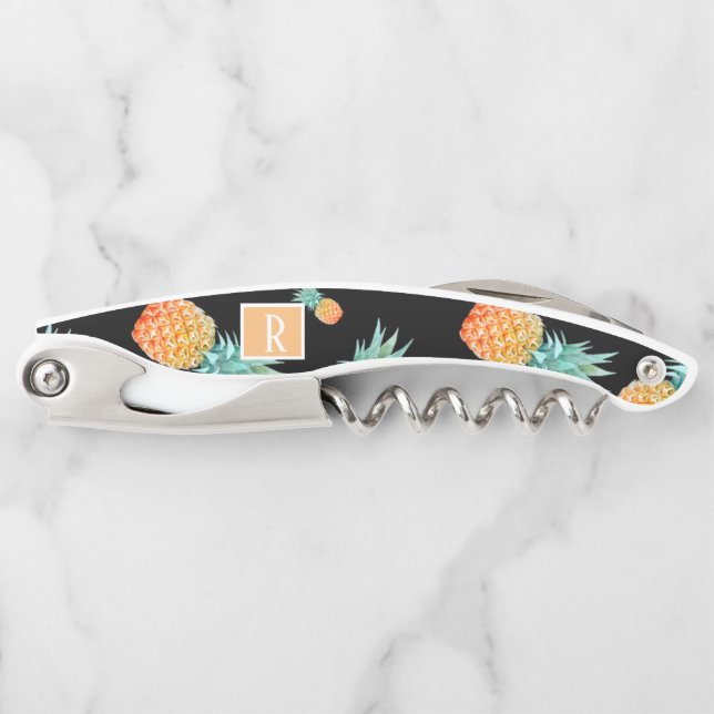 Tropical Pineapple Monogram Bottle Black Waiter's Corkscrew (Front)