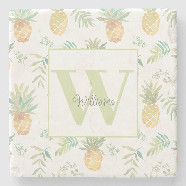 Tropical Pineapple Monogram Name  Stone Coaster (Front)