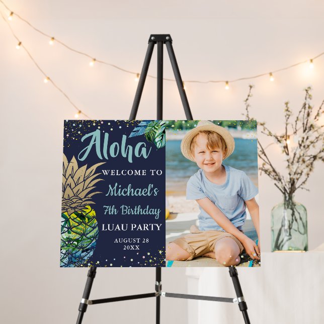 Tropical Pineapple Navy Blue Beach Birthday Photo Foam Board (In Situ (Stand))