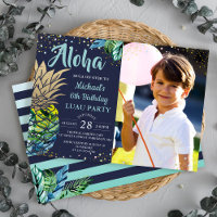Tropical Pineapple Navy Blue Luau Birthday Photo