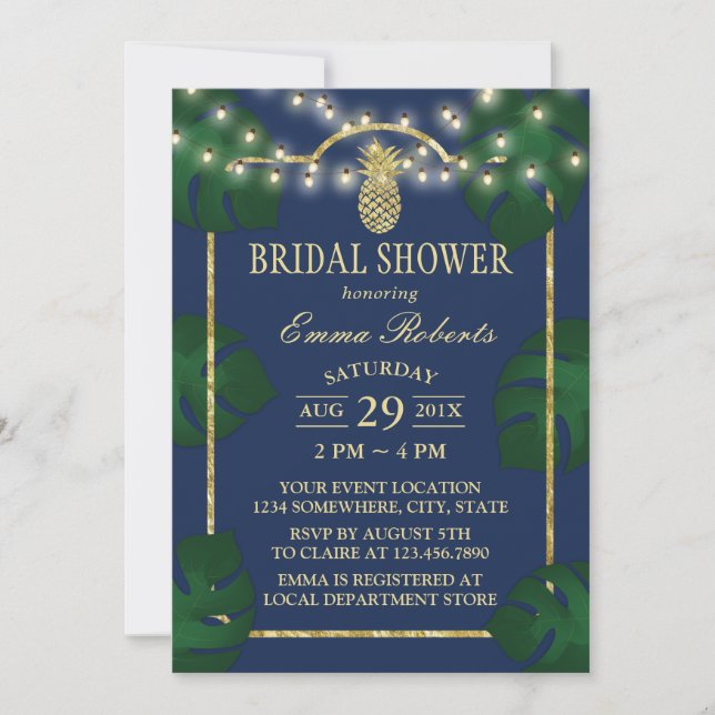 Tropical Pineapple Navy & Gold Luau Bridal Shower Invitation (Front)
