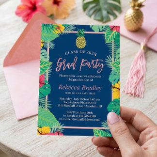 Tropical Pineapple & Palm Leaves Graduation  Invitation