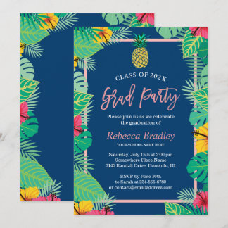 Tropical Pineapple & Palm Leaves Graduation  Invitation