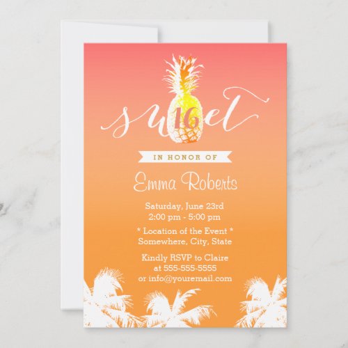 Tropical Pineapple  Palm Trees Sweet 16 Invitation