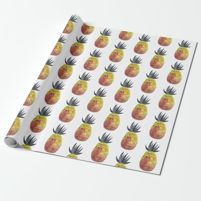Tropical pineapple party red yellow watercolor wrapping paper (Unrolled)
