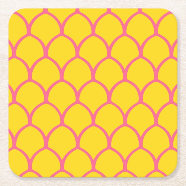Tropical Pineapple Pattern in Pink and Yellow Square Paper Coaster (Front)