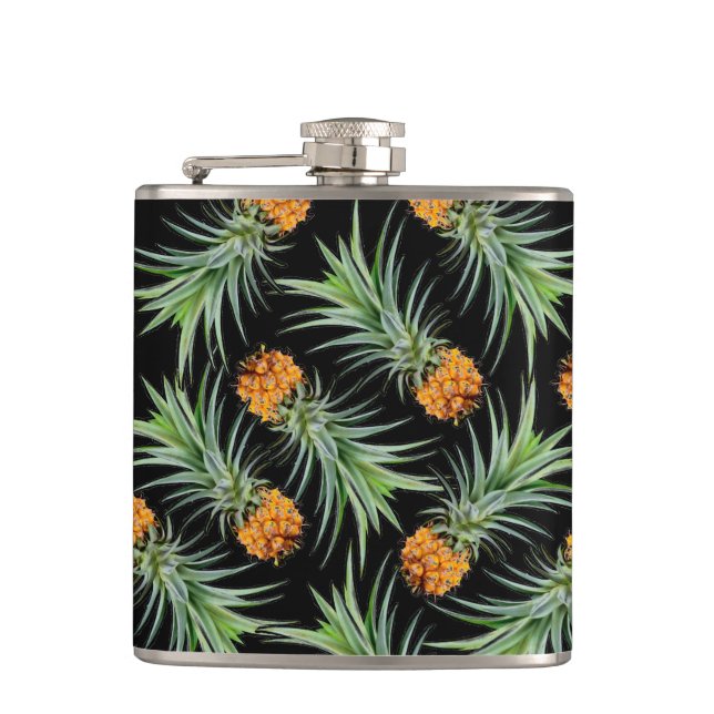 Tropical Pineapple Pattern on Black Flask (Front)