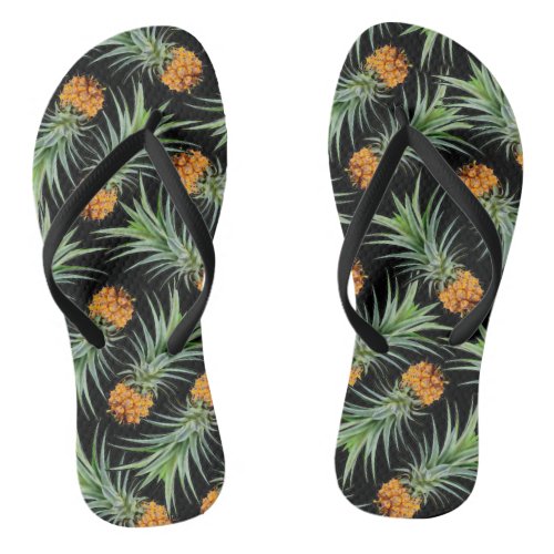 Tropical Pineapple Pattern on Black Flip Flops