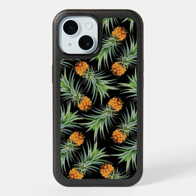 Tropical Pineapple Pattern on Black iPhone 15 Case (Back)
