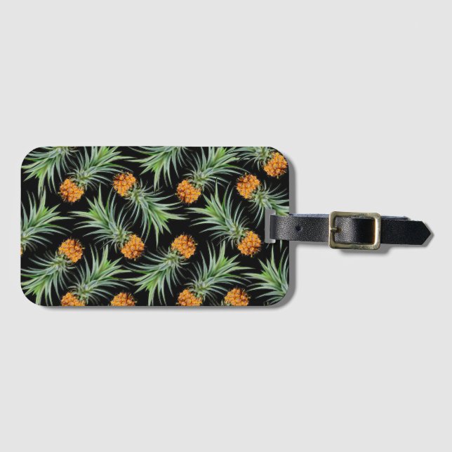 Tropical Pineapple Pattern on Black Luggage Tag (Front Horizontal)