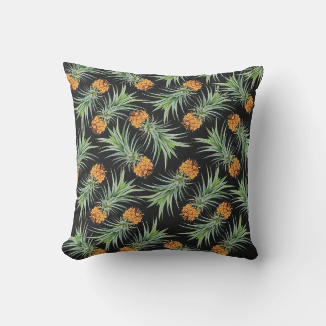 Tropical Pineapple Pattern on Black Outdoor Pillow (Front)