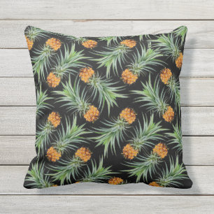 Tropical Pineapple Pattern on Black Outdoor Pillow