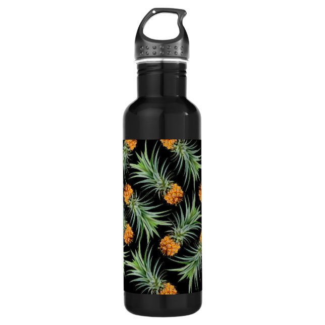 Tropical Pineapple Pattern on Black Stainless Steel Water Bottle (Front)