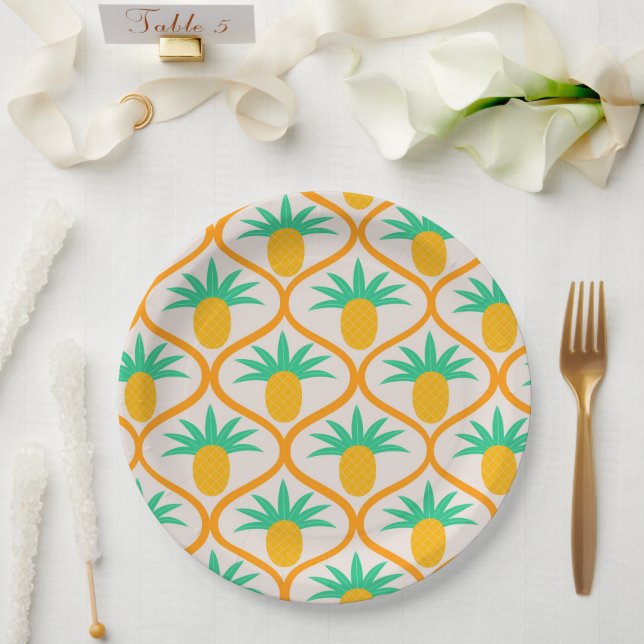 Tropical Pineapple Pattern on Orange Ogee  Paper Plates (Wedding)