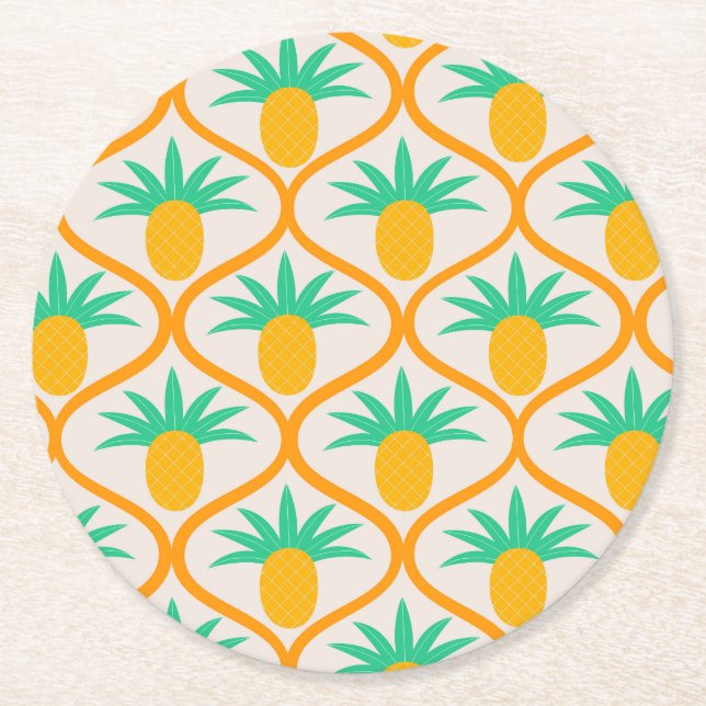 Tropical Pineapple Pattern on Orange Ogee  Round Paper Coaster (Front)