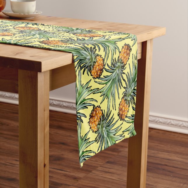 Tropical Pineapple Pattern on Yellow Short Table Runner (In Situ)