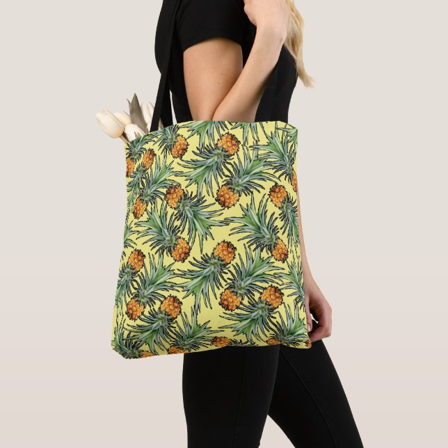 Tropical Pineapple Pattern on Yellow Tote Bag (Close Up)