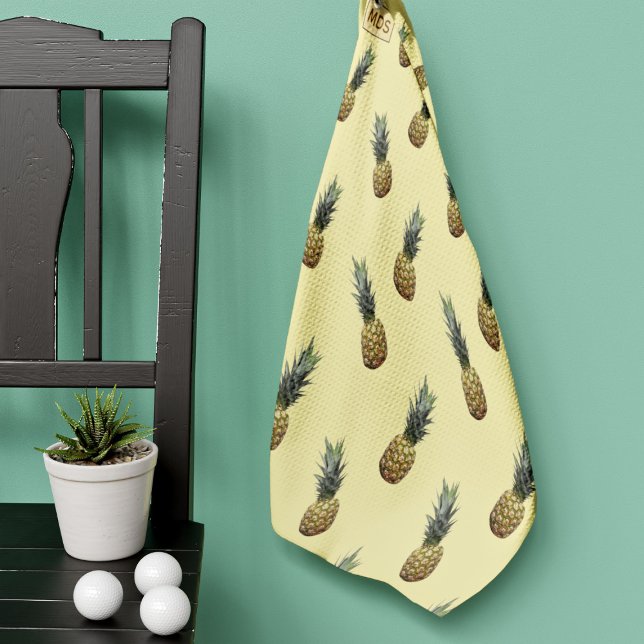 Tropical Pineapple Pattern Pale Yellow Monogrammed Golf Towel (🍍 Love pineapples? Need a nice new golf towel? Just add your initials 🍍 )