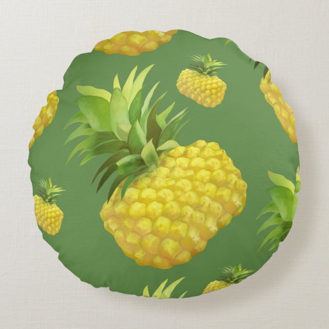 Tropical Pineapple Pattern: Summer Fruit Art Round Pillow (Front)
