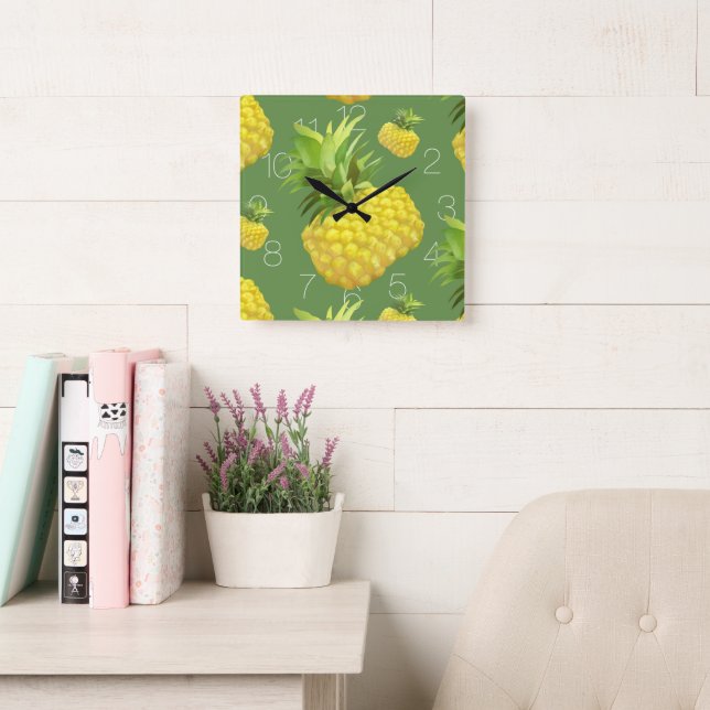 Tropical Pineapple Pattern: Summer Fruit Art Square Wall Clock (Reading Room)