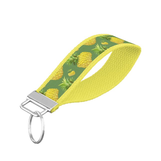 Tropical Pineapple Pattern: Summer Fruit Art Wrist Keychain (Angled Down)