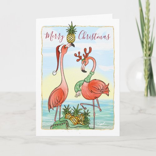 Tropical Pineapple Pink Flamingo Christmas Holiday Card