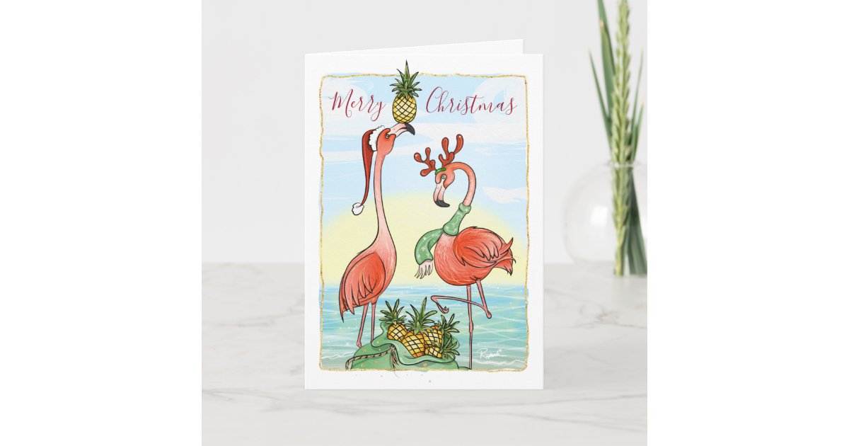 Tropical Pineapple Pink Flamingo Christmas Holiday Card | Zazzle