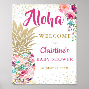 Tropical Pineapple Pink Floral Baby Shower Welcome Poster