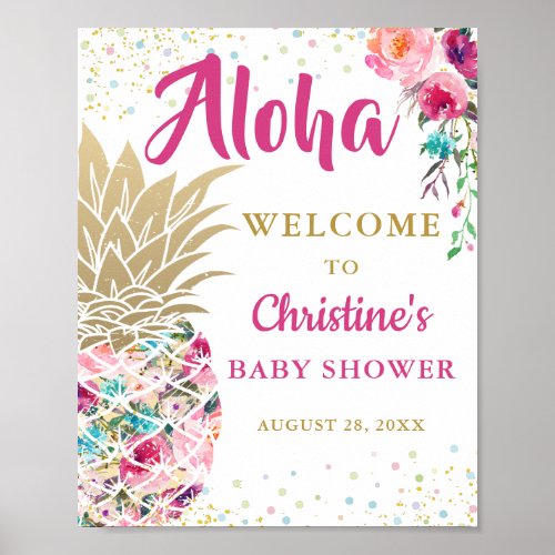Tropical Pineapple Pink Floral Baby Shower Welcome Poster