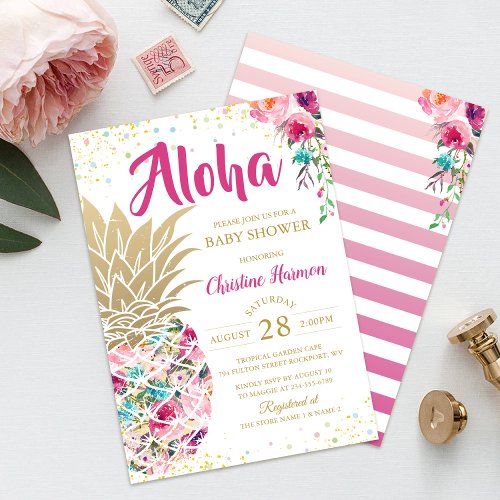 Tropical Pineapple Pink Gold Floral Baby Shower Invitation