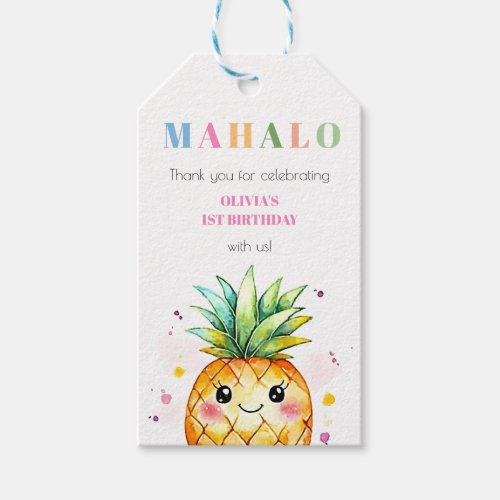 Tropical Pineapple Pink Kids Birthday Thank You Gift Tags