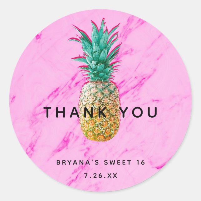 Tropical Pineapple & Pink Marble Chic Party Favor Classic Round Sticker (Front)