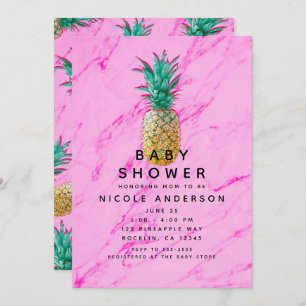 Tropical Pineapple Pink Marble Modern Baby Shower Invitation