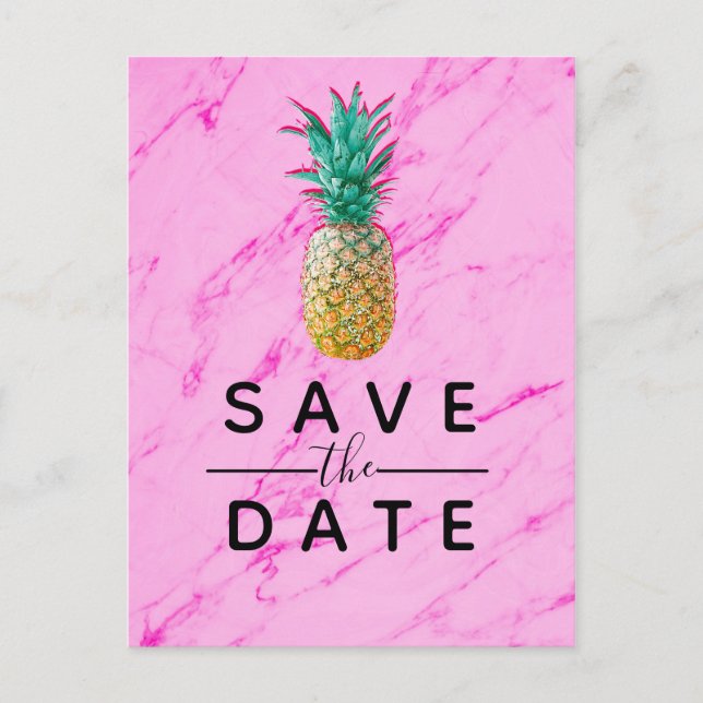 Tropical Pineapple Pink Marble Save the Date Announcement Postcard (Front)