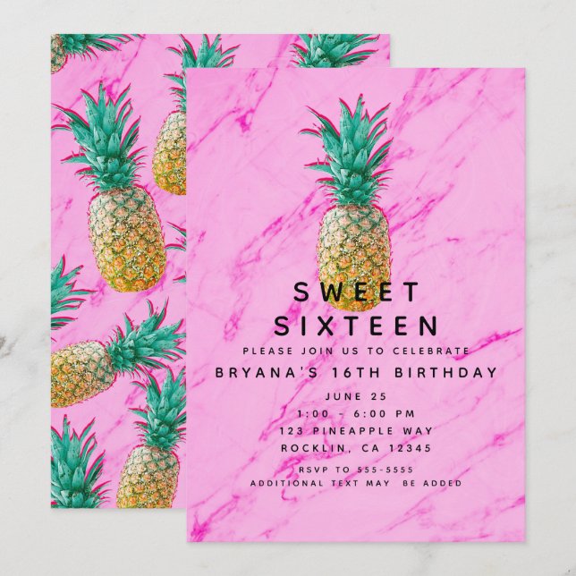 Tropical Pineapple & Pink Marble Sweet 16 Party Invitation (Front/Back)