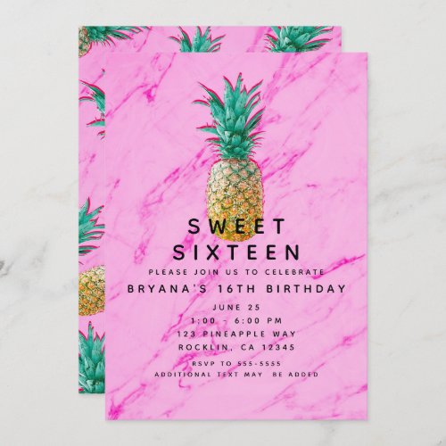 Tropical Pineapple  Pink Marble Sweet 16 Party Invitation