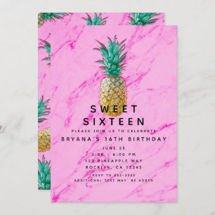 Tropical Pineapple & Pink Marble Sweet 16 Party Invitation