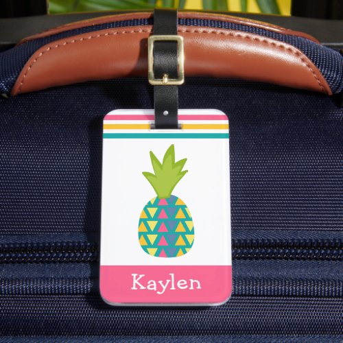 Tropical Pineapple Pink Modern Trendy Custom Name Luggage Tag
