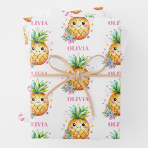Tropical Pineapple Pink Name Girls Birthday Party Wrapping Paper Sheets
