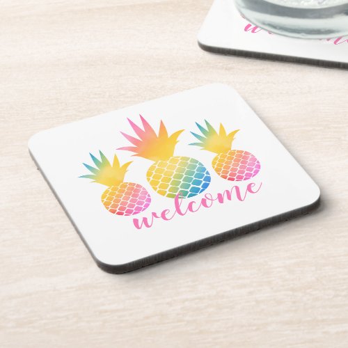 Tropical Pineapple Pink Rainbow Watercolor Welcome Beverage Coaster