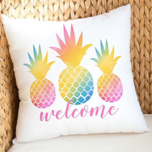 Tropical Pineapple Pink Rainbow Watercolor Welcome Outdoor Pillow