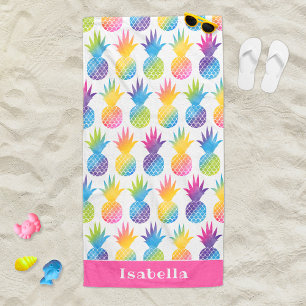 Tropical Pineapple Pink Watercolor Custom Name Beach Towel