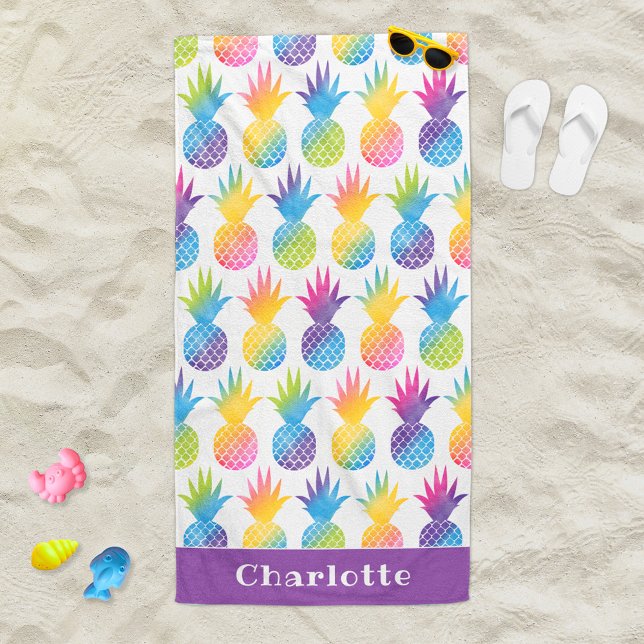 Tropical Pineapple Purple Monogram Name Beach Towel (Creator Uploaded)